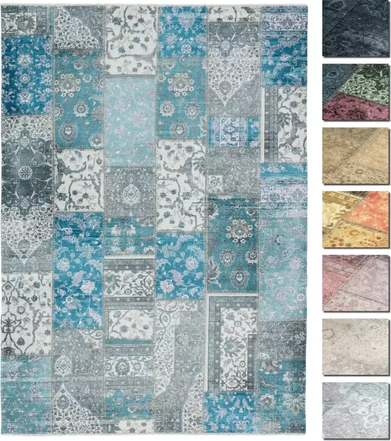 TESSO LIVING Kelim Patchwork Tapijt Woonkamer Blauw 195 X 280 cm Modern Laagpolig Vloerkleed Superzacht Machinewasbaar
