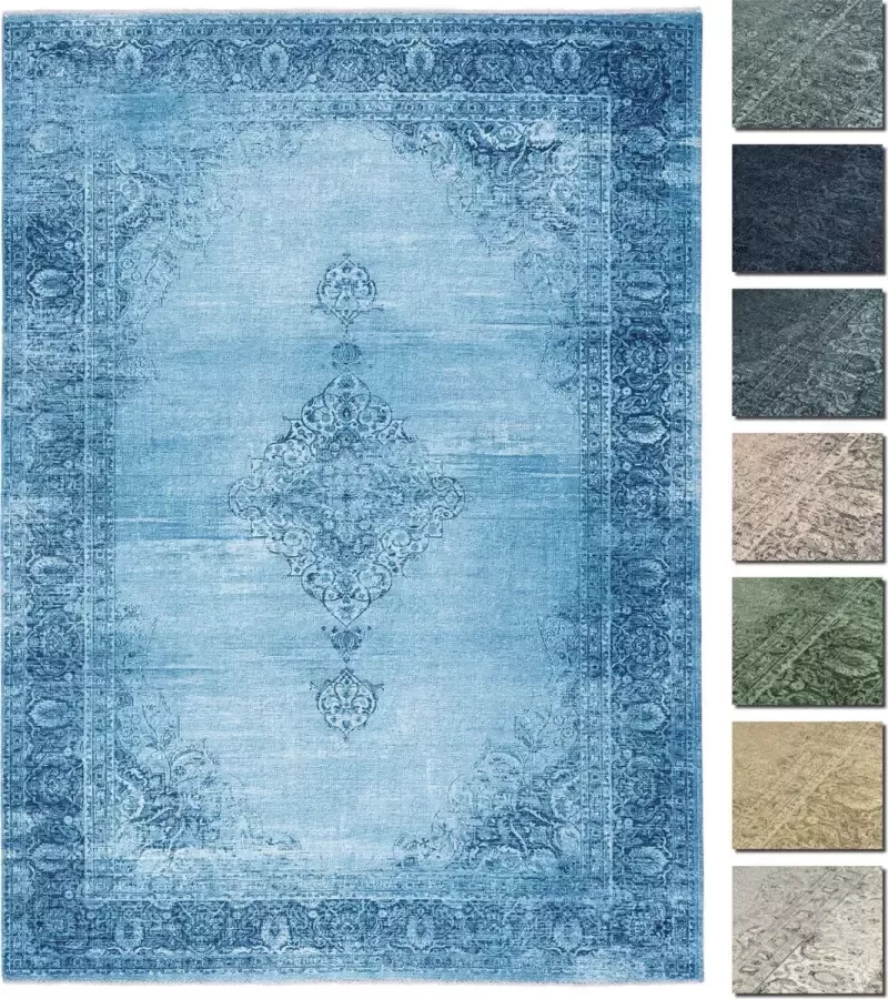 TESSO LIVING Kelim Vintage Vloerkleed Jeans Blauw 195 X 280 cm Premium Laagpolig Woonkamer Tapijt Anti-Slip Machinewasbaar & Super Zacht