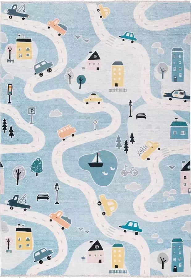 TESSO LIVING Vloerkleed Kinderkamer Autobaan – 155 x 225 cm – Machine Wasbaar & Anti-Slip – Premium Laagpolige Speelmat voor Kids