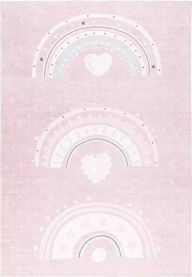 TESSO LIVING Vloerkleed Kind Laagpolig Kids Speelmat Kinderkamer Wasbaar Anti-Slip Regenbogen Harten Rose 80cm x 145cm