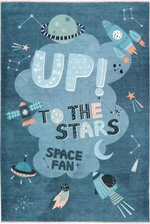 TESSO LIVING Vloerkleed Kind Laagpolig Kids Speelmat Kinderkamer Wasbaar Anti-Slip Ruimte Space Planeten Blauw 155cm x 225cm