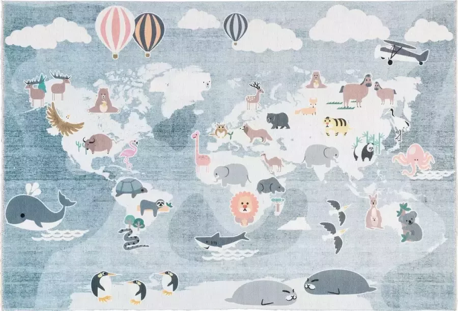 TESSO LIVING Vloerkleed Kinderkamer Wereldkaart met Dieren – 120 x 160 cm – Machine Wasbaar & Anti-Slip – Premium Laagpolige Speelmat voor Kids