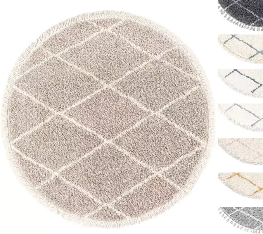 TESSO LIVING Vloerkleed Shaggy Rond Tapijt Beige Hoogpolig 195cm Cirkel Superzacht Franjes Berber stijl