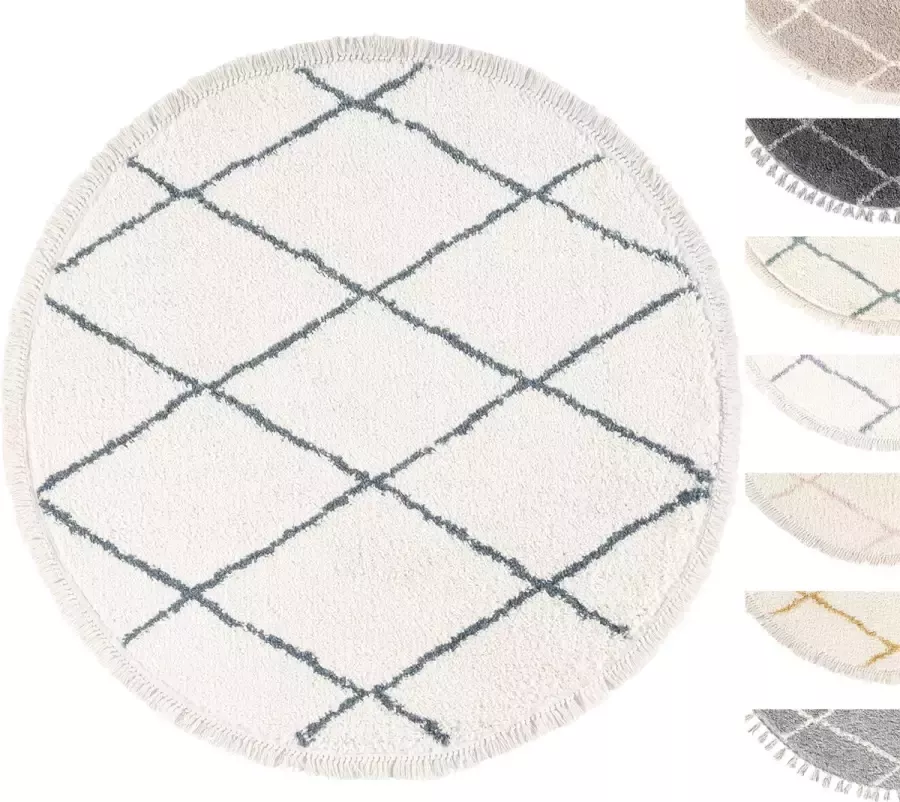 TESSO LIVING Vloerkleed Shaggy Rond Tapijt Creme Antraciet Hoogpolig 195cm Cirkel Superzacht Franjes Berber stijl