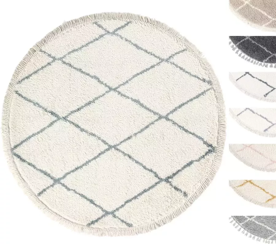 TESSO LIVING Vloerkleed Shaggy Rond Tapijt Creme Blauw Hoogpolig 120cm Cirkel Superzacht Franjes Berber stijl