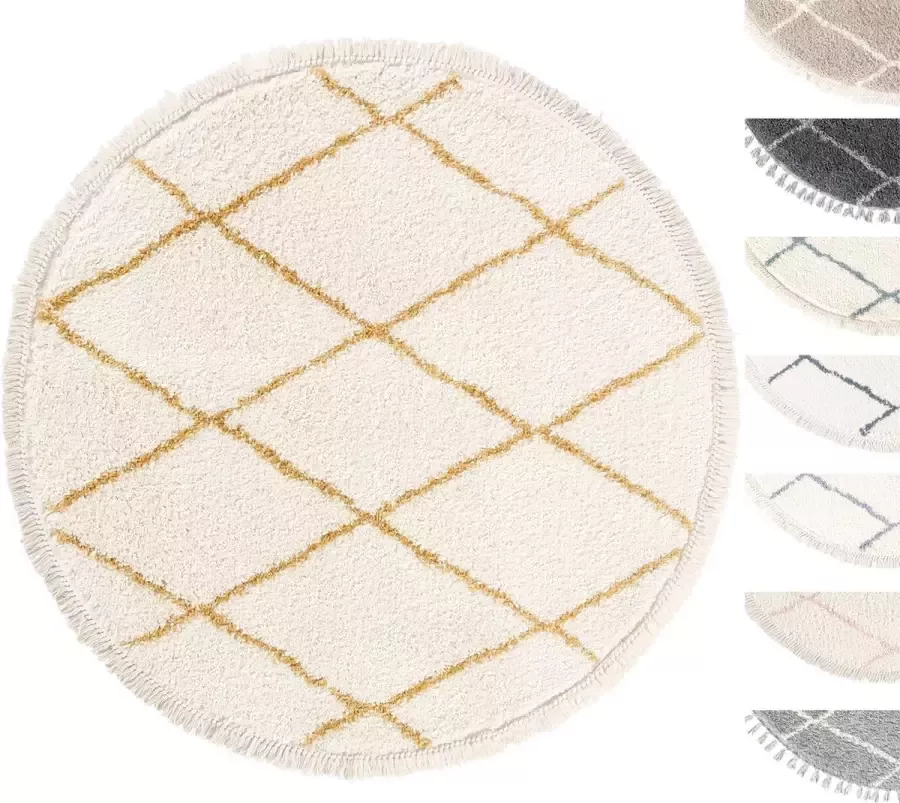 TESSO LIVING Vloerkleed Shaggy Rond Tapijt Creme Geel Hoogpolig 120cm Cirkel Superzacht Franjes Berber stijl