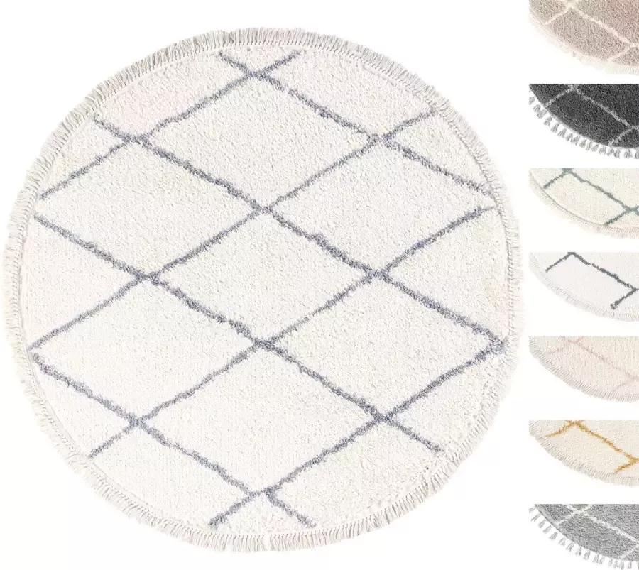 TESSO LIVING Vloerkleed Shaggy Rond Tapijt Creme Grijs Hoogpolig 195cm Cirkel Superzacht Franjes Berber stijl