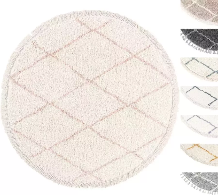 TESSO LIVING Vloerkleed Shaggy Rond Tapijt Creme Rose Hoogpolig 120cm Cirkel Superzacht Franjes Berber stijl