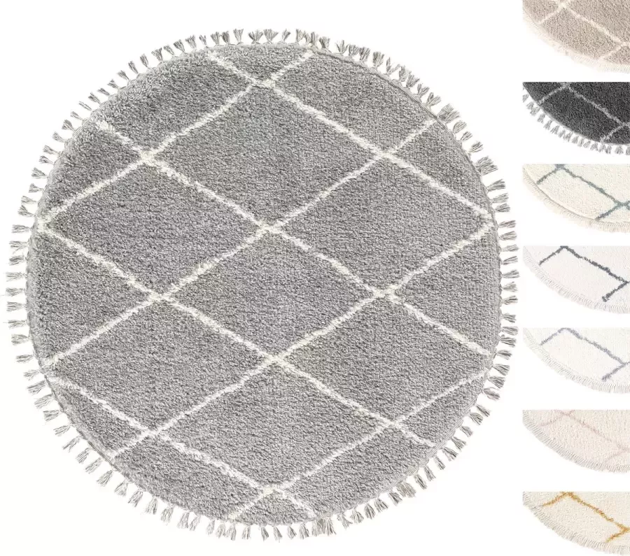 TESSO LIVING Vloerkleed Shaggy Rond Tapijt Grijs Hoogpolig 155cm Cirkel Superzacht Franjes Berber stijl