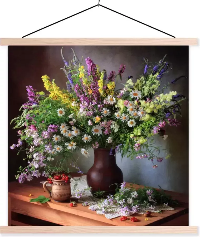 TextilePosters Posterhanger incl. Poster 120x120 cm Schoolplaat Bloemen Tafel Stilleven Boeket Vaas Textielposter Blanke latten
