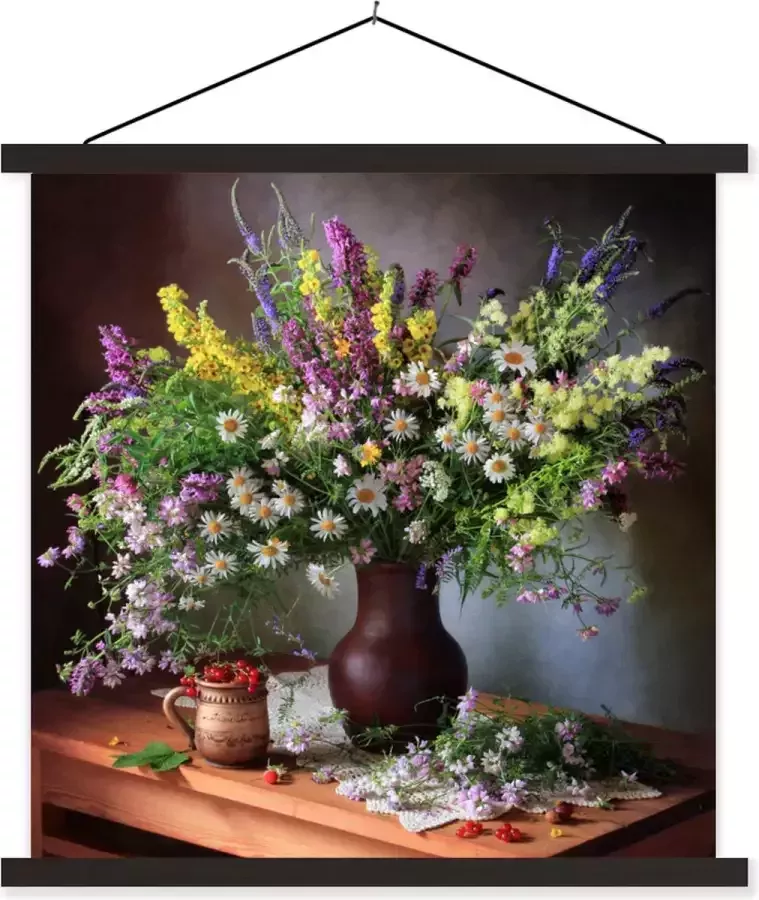 TextilePosters Posterhanger incl. Poster 120x120 cm Schoolplaat Bloemen Tafel Stilleven Boeket Vaas Textielposter Zwarte latten