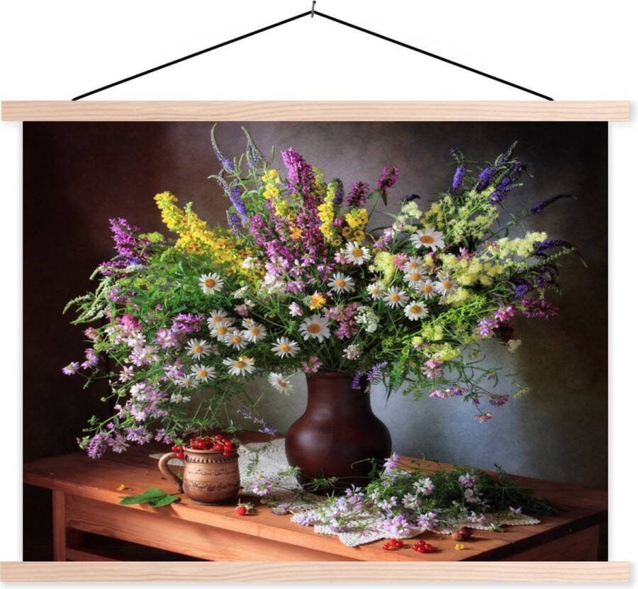 TextilePosters Posterhanger incl. Poster 120x90 cm Schoolplaat Bloemen Tafel Stilleven Boeket Vaas Textielposter Blanke latten