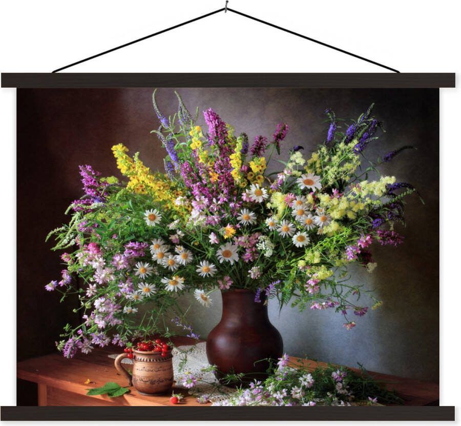 TextilePosters Posterhanger incl. Poster 120x90 cm Schoolplaat Bloemen Tafel Stilleven Boeket Vaas Textielposter Zwarte latten