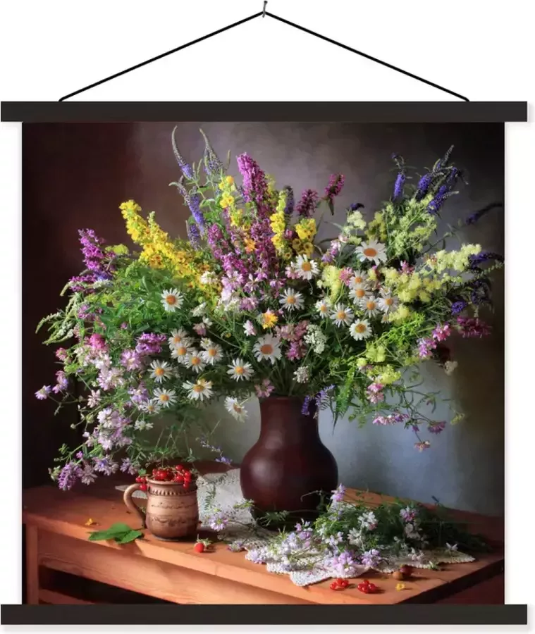 TextilePosters Posterhanger incl. Poster 90x90 cm Schoolplaat Bloemen Tafel Stilleven Boeket Vaas Textielposter Zwarte latten