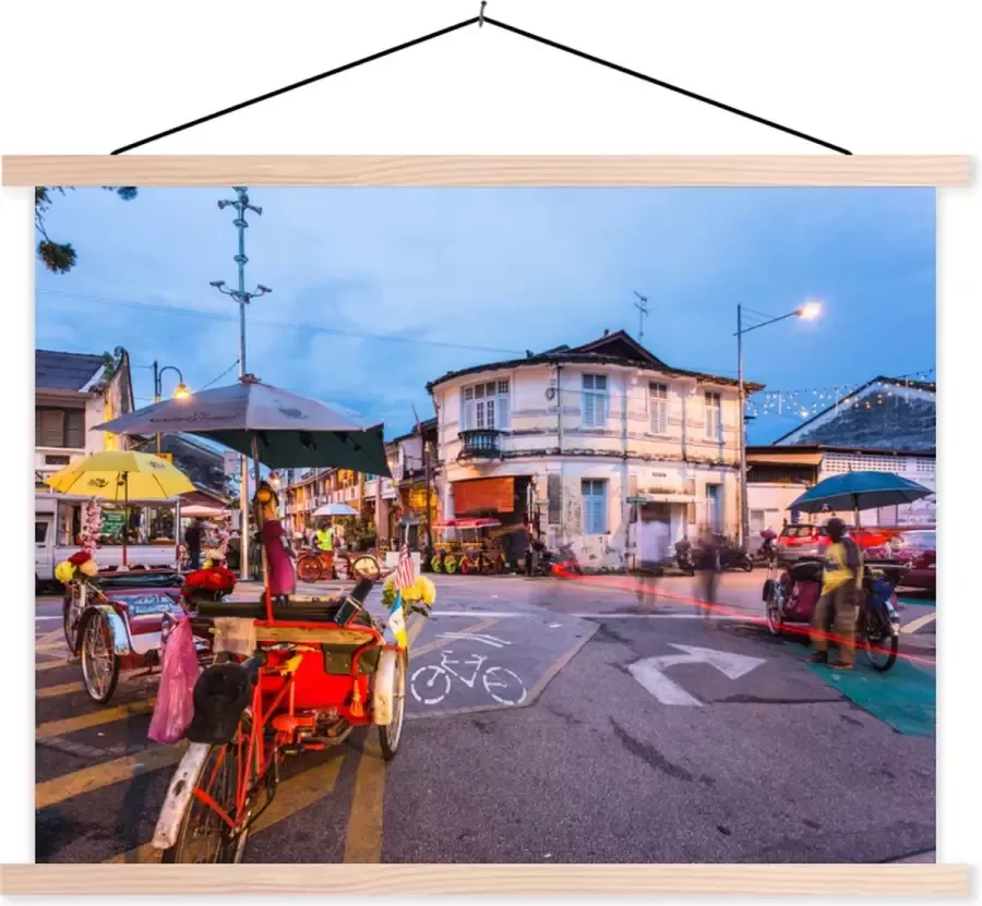 TextilePosters Posterhanger incl. Poster Schoolplaat Fietsen Parasol Maleisië 60x45 cm Blanke latten