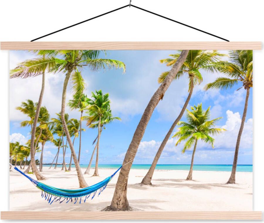 TextilePosters Posterhanger incl. Poster Schoolplaat Hangmat Strand Palmbomen 120x80 cm Blanke latten