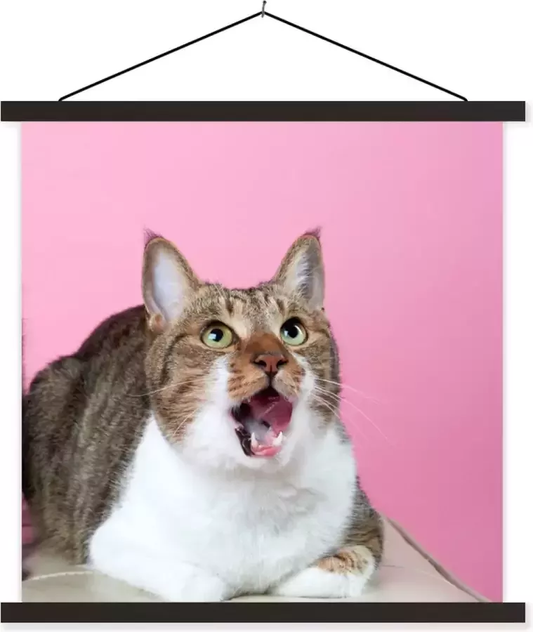 TextilePosters Posterhanger incl. Poster Schoolplaat Kat Roze Poef Meisjes Kinderen Meiden Kind 90x90 cm Zwarte latten