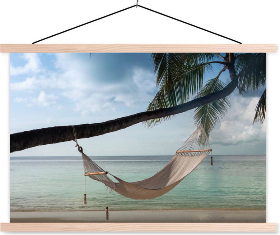 TextilePosters Posterhanger incl. Poster Schoolplaat Palmboom Hangmat Strand 150x100 cm Blanke latten