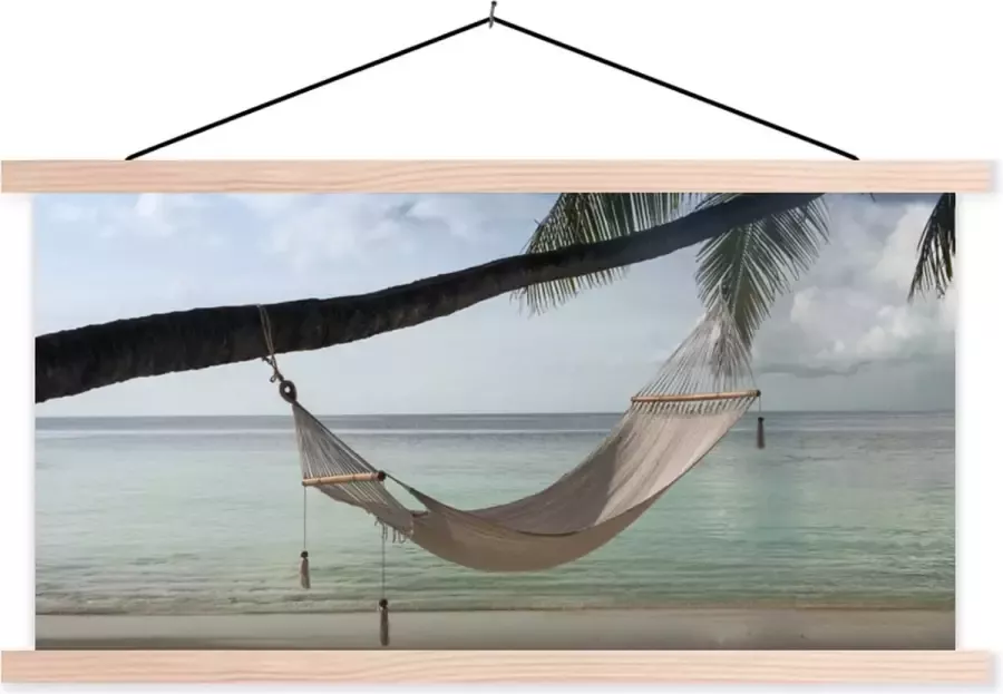 TextilePosters Posterhanger incl. Poster Schoolplaat Palmboom Hangmat Strand 150x75 cm Blanke latten