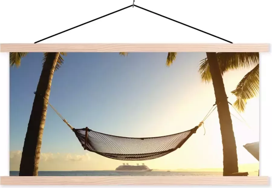 TextilePosters Posterhanger incl. Poster Schoolplaat Palmboom Hangmat Zonsondergang 120x60 cm Blanke latten