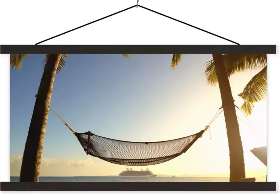 TextilePosters Posterhanger incl. Poster Schoolplaat Palmboom Hangmat Zonsondergang 120x60 cm Zwarte latten