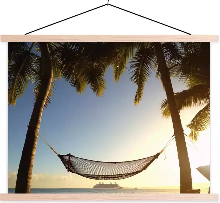 TextilePosters Posterhanger incl. Poster 120x90 cm Schoolplaat Palmboom Hangmat Zonsondergang Textielposter Blanke latten