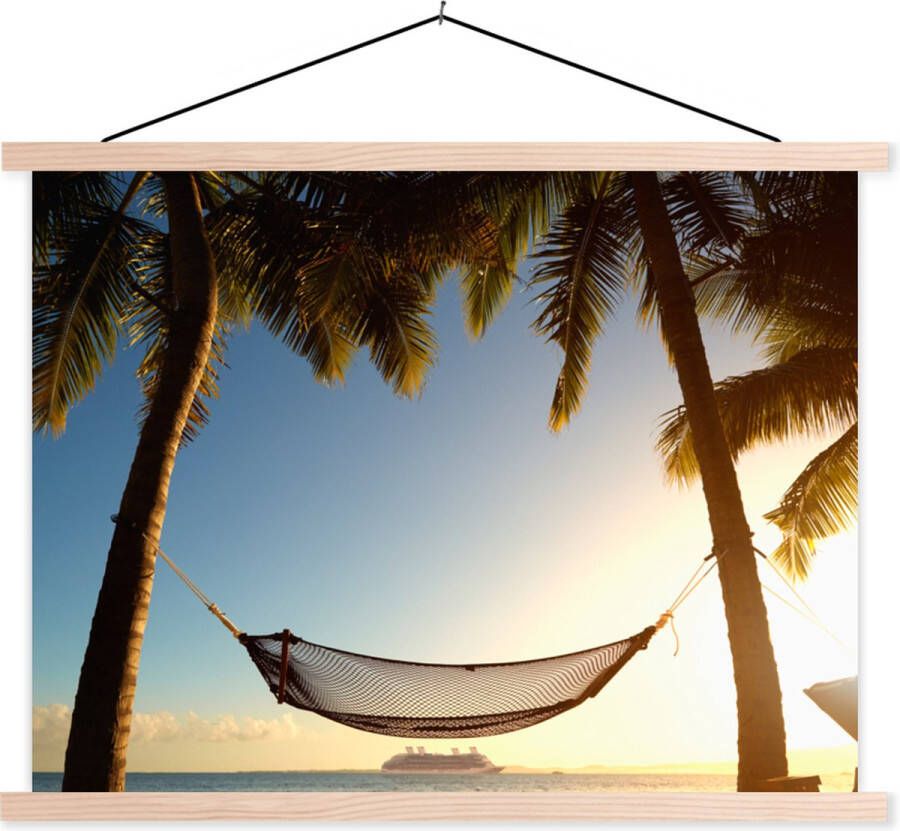 TextilePosters Posterhanger incl. Poster Schoolplaat Palmboom Hangmat Zonsondergang 40x30 cm Blanke latten