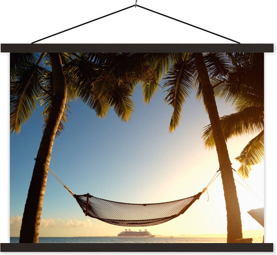 TextilePosters Posterhanger incl. Poster Schoolplaat Palmboom Hangmat Zonsondergang 40x30 cm Zwarte latten