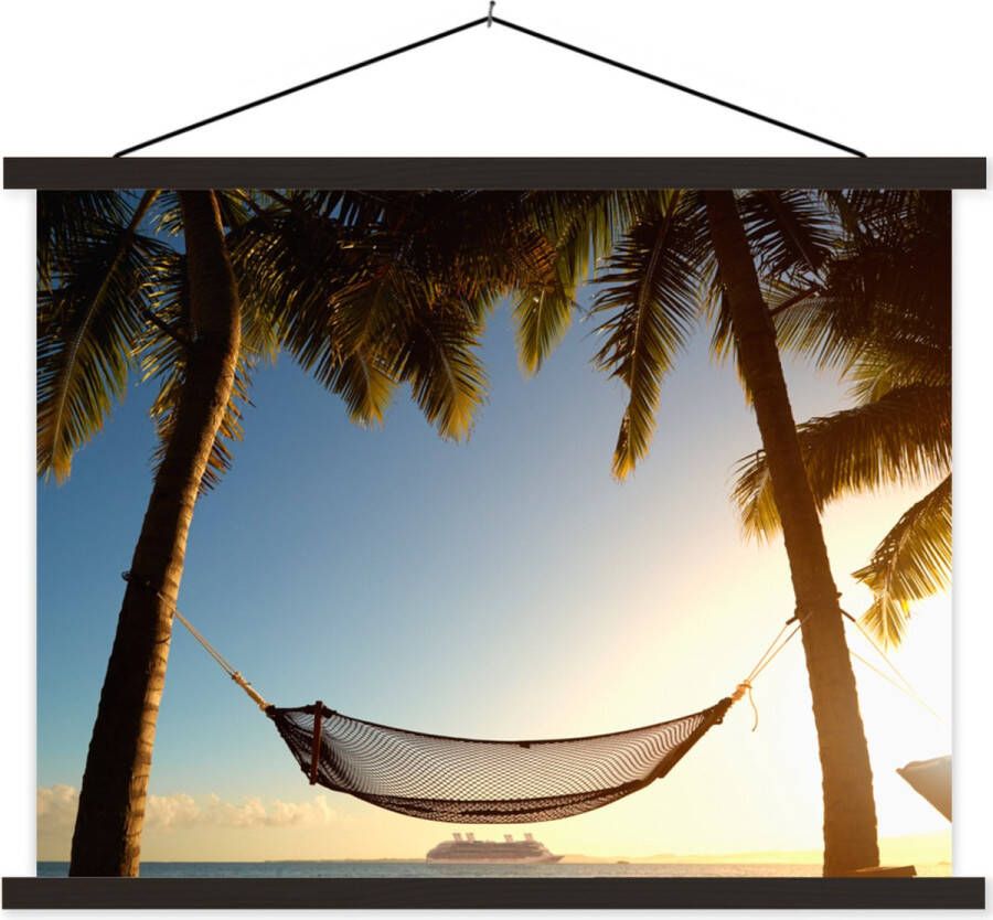 TextilePosters Posterhanger incl. Poster Schoolplaat Palmboom Hangmat Zonsondergang 60x45 cm Zwarte latten