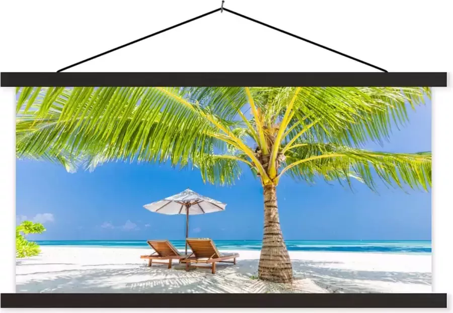 TextilePosters Posterhanger incl. Poster 150x75 cm Schoolplaat Palmboom Strandstoel Parasol Textielposter Zwarte latten