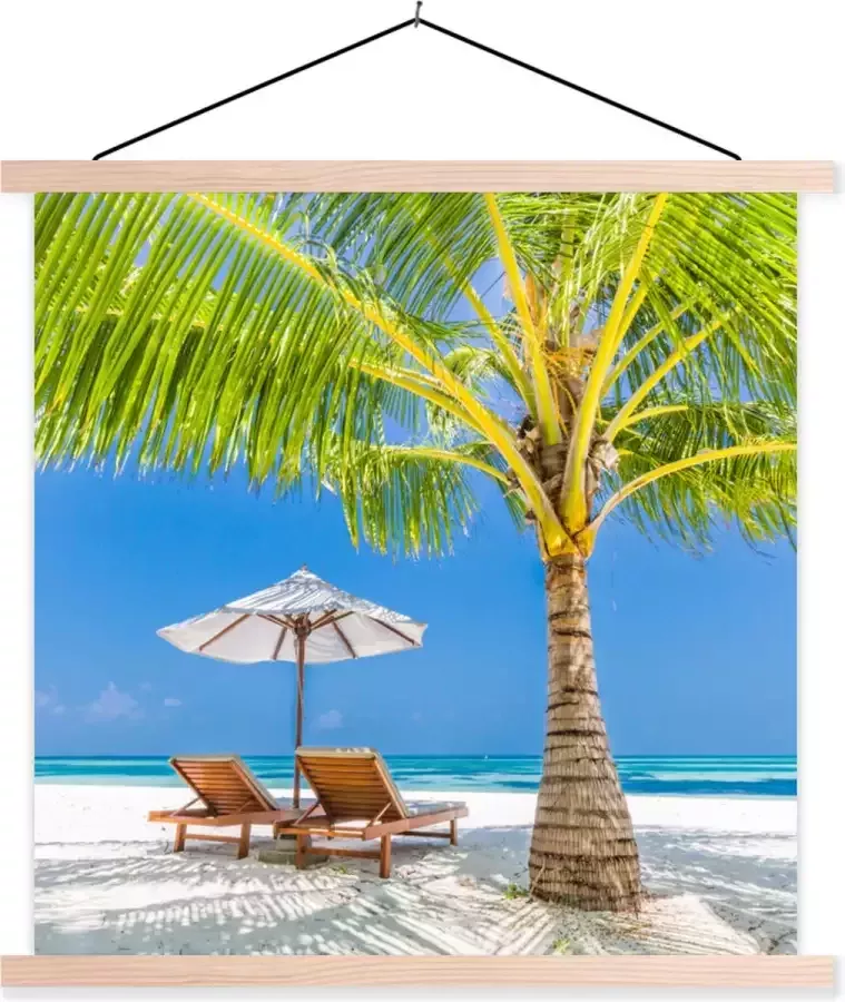 TextilePosters Posterhanger incl. Poster 40x40 cm Schoolplaat Palmboom Strandstoel Parasol Textielposter Blanke latten