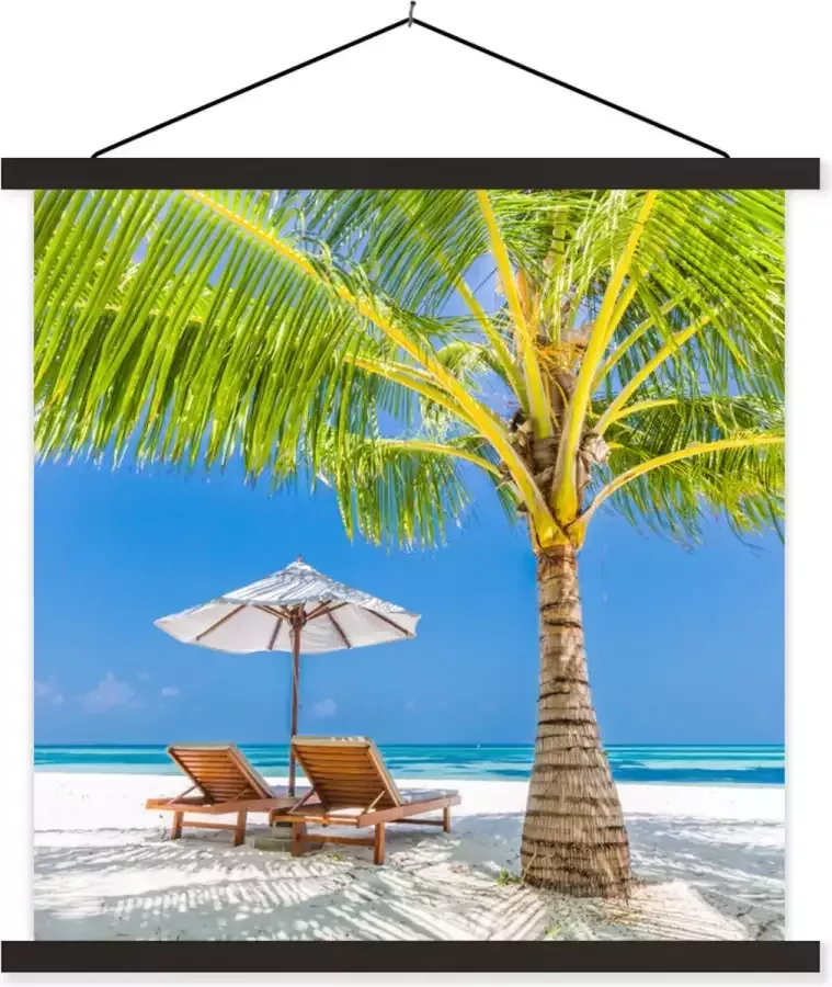 TextilePosters Posterhanger incl. Poster 40x40 cm Schoolplaat Palmboom Strandstoel Parasol Textielposter Zwarte latten