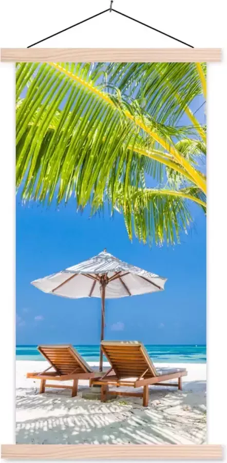 TextilePosters Posterhanger incl. Poster 40x80 cm Schoolplaat Palmboom Strandstoel Parasol Textielposter Blanke latten