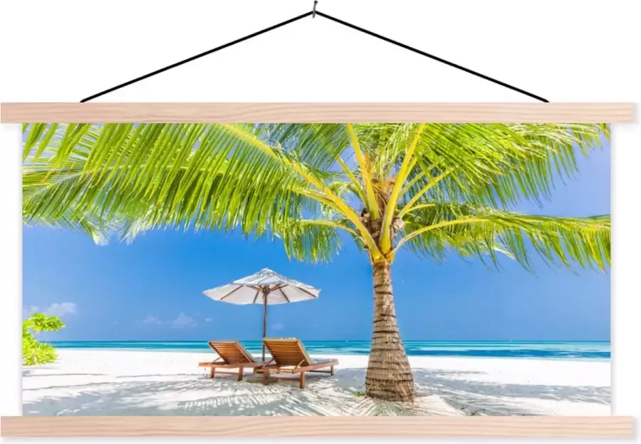 TextilePosters Posterhanger incl. Poster 60x30 cm Schoolplaat Palmboom Strandstoel Parasol Textielposter Blanke latten