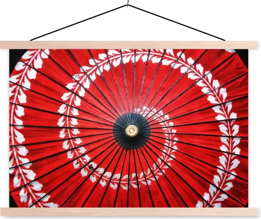 TextilePosters Posterhanger incl. Poster Schoolplaat Rode papieren parasol met witte bladeren 60x40 cm Zwarte latten