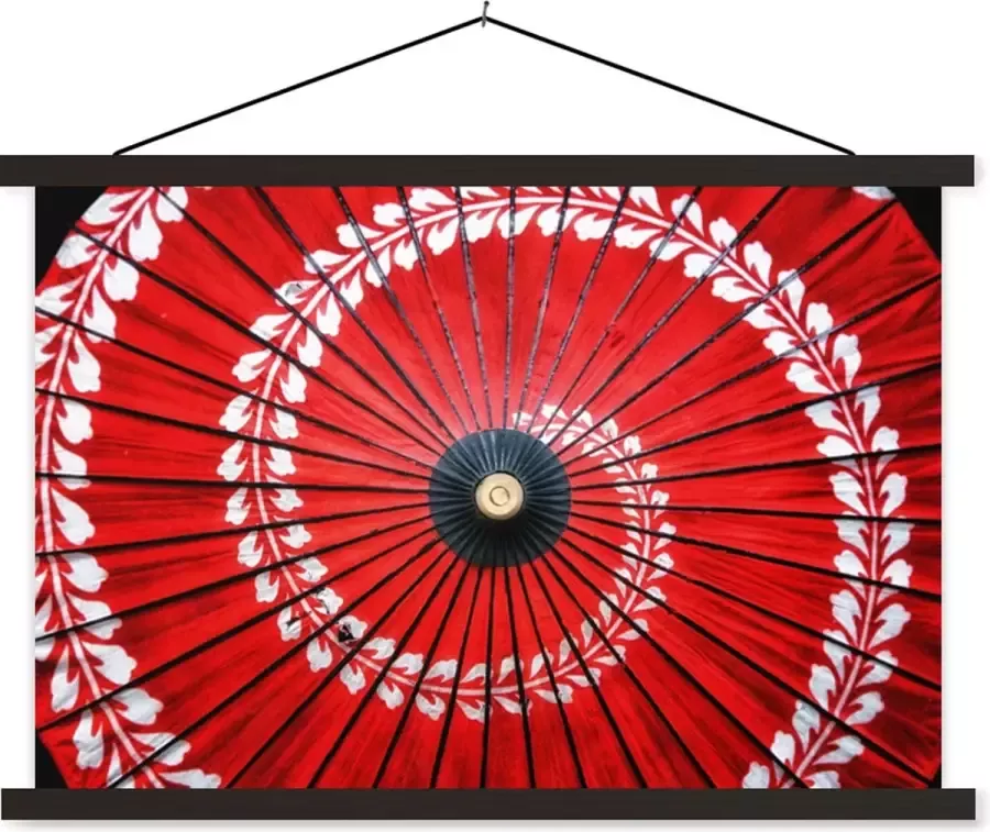 TextilePosters Posterhanger incl. Poster Schoolplaat Rode papieren parasol met witte bladeren 90x60 cm Zwarte latten