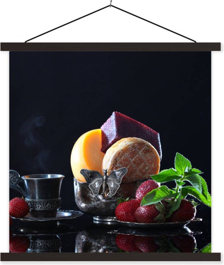 TextilePosters Posterhanger incl. Poster 120x120 cm Schoolplaat Rustiek Fruit Kaas Tafel Stilleven Textielposter Zwarte latten