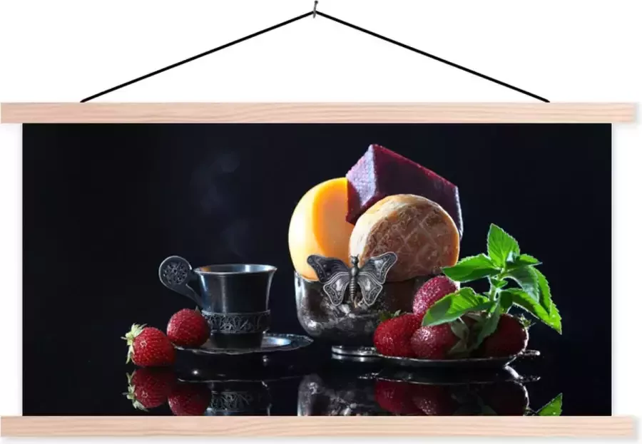 TextilePosters Posterhanger incl. Poster 120x60 cm Schoolplaat Rustiek Fruit Kaas Tafel Stilleven Textielposter Blanke latten
