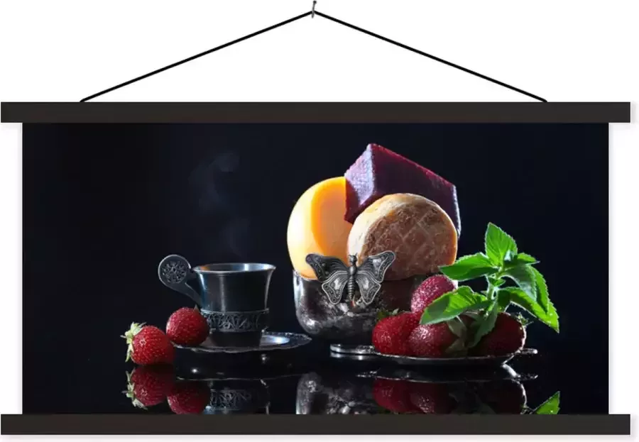 TextilePosters Posterhanger incl. Poster 120x60 cm Schoolplaat Rustiek Fruit Kaas Tafel Stilleven Textielposter Zwarte latten