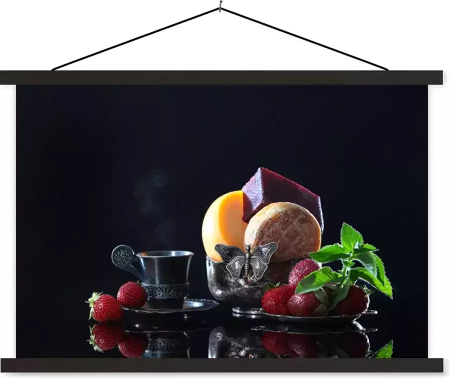 TextilePosters Posterhanger incl. Poster 120x80 cm Schoolplaat Rustiek Fruit Kaas Tafel Stilleven Textielposter Zwarte latten