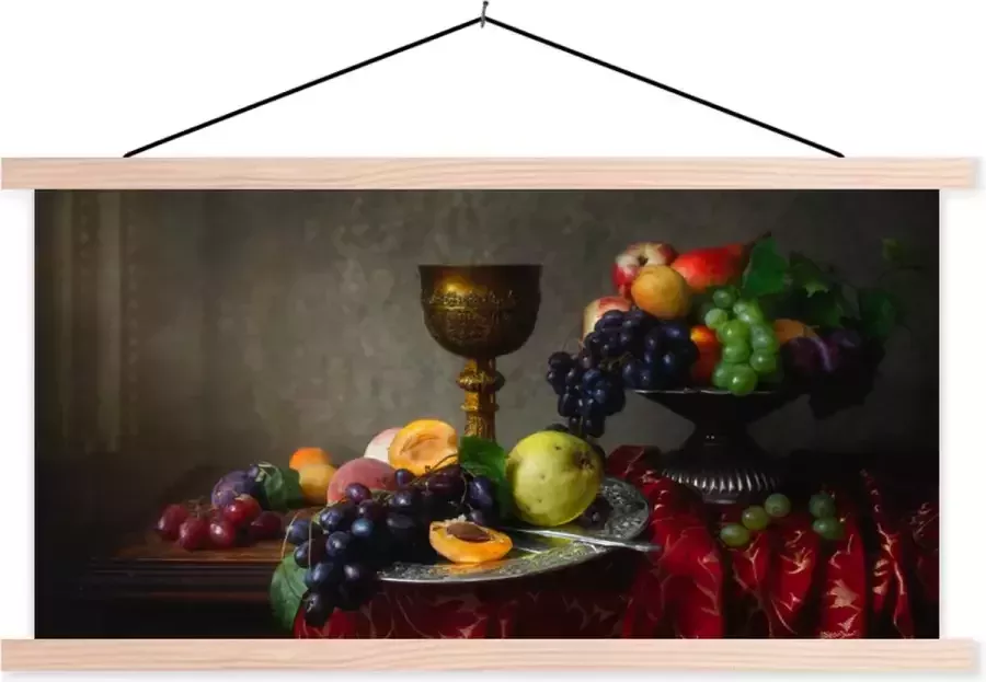 TextilePosters Posterhanger incl. Poster 120x60 cm Schoolplaat Rustiek Tafel Fruit Stilleven Beker Textielposter Blanke latten