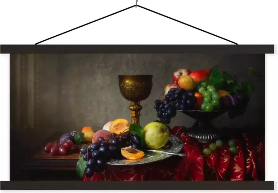 TextilePosters Posterhanger incl. Poster 120x60 cm Schoolplaat Rustiek Tafel Fruit Stilleven Beker Textielposter Zwarte latten