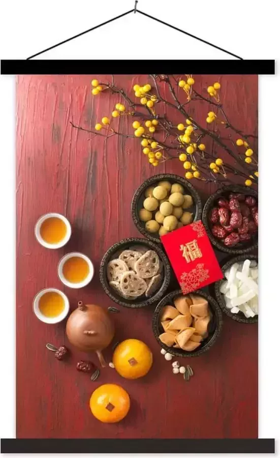 TextilePosters Posterhanger incl. Poster Schoolplaat Stilleven Chinees nieuwjaar Tafel 40x60 cm Zwarte latten