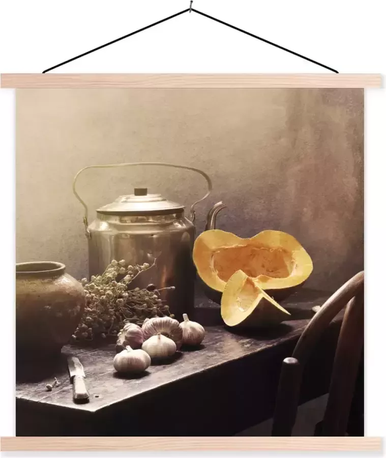 TextilePosters Posterhanger incl. Poster Schoolplaat Stilleven Pompoen Knoflook Pan Tafel 120x120 cm Blanke latten