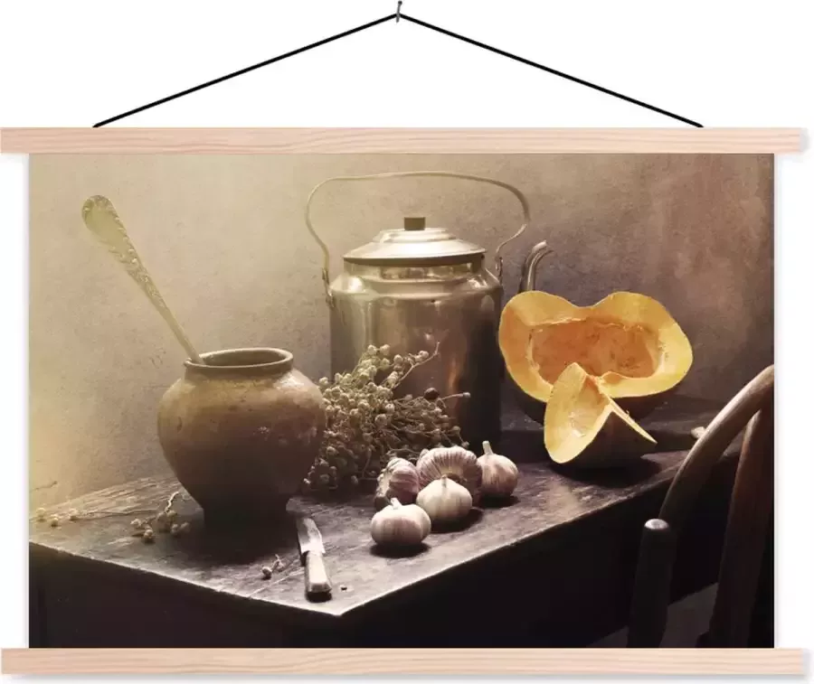 TextilePosters Posterhanger incl. Poster 120x80 cm Schoolplaat Stilleven Pompoen Knoflook Pan Tafel Textielposter Blanke latten