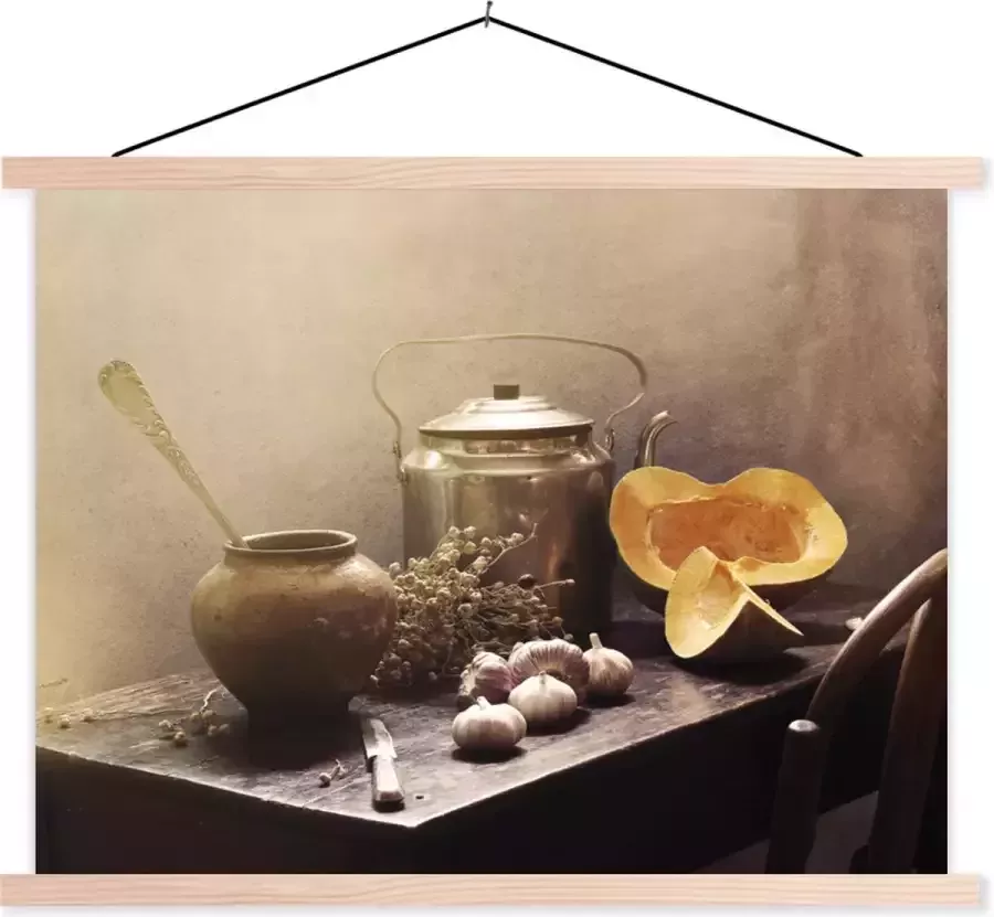 TextilePosters Posterhanger incl. Poster 40x30 cm Schoolplaat Stilleven Pompoen Knoflook Pan Tafel Textielposter Blanke latten