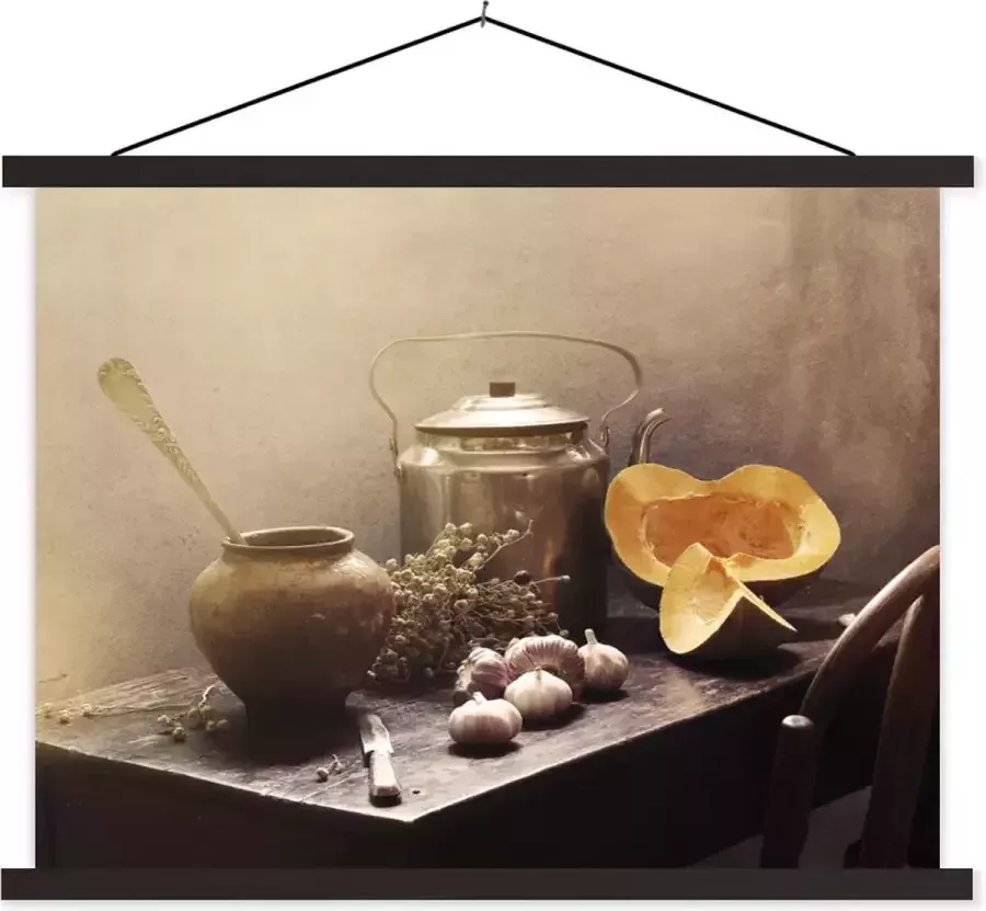 TextilePosters Posterhanger incl. Poster 40x30 cm Schoolplaat Stilleven Pompoen Knoflook Pan Tafel Textielposter Zwarte latten