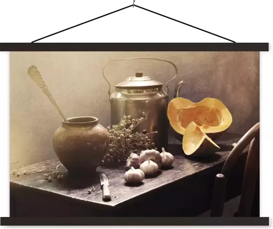 TextilePosters Posterhanger incl. Poster 90x60 cm Schoolplaat Stilleven Pompoen Knoflook Pan Tafel Textielposter Zwarte latten
