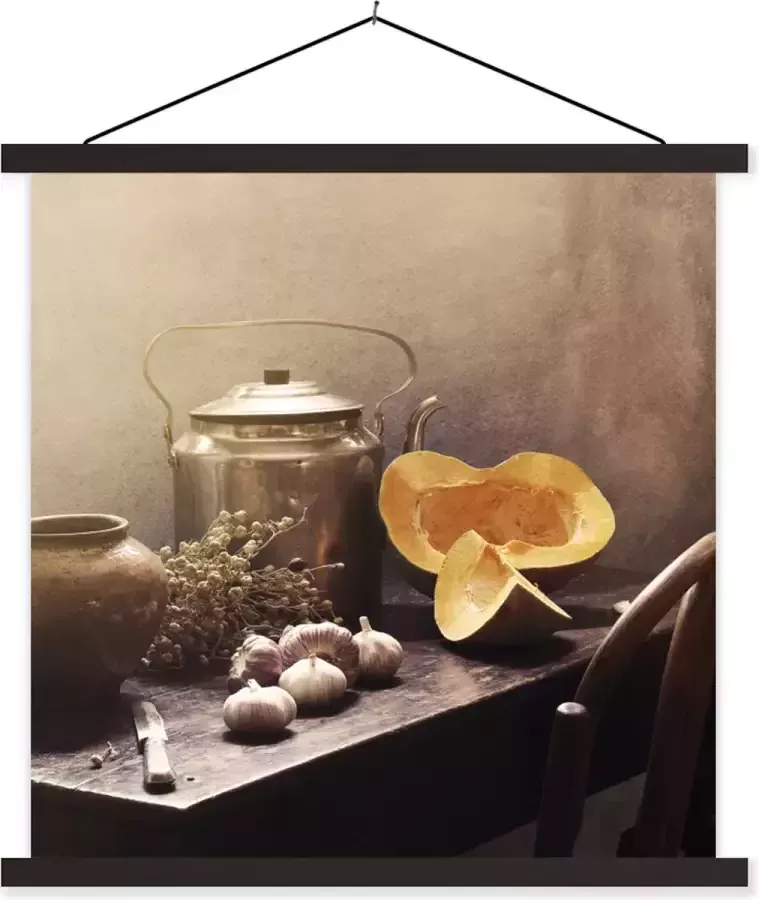 TextilePosters Posterhanger incl. Poster Schoolplaat Stilleven Pompoen Knoflook Pan Tafel 90x90 cm Zwarte latten