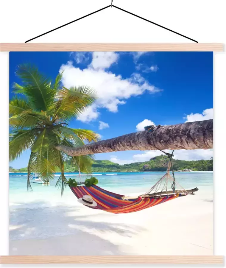 TextilePosters Posterhanger incl. Poster Schoolplaat Strand Hangmat Zee Palmboom 120x120 cm Blanke latten